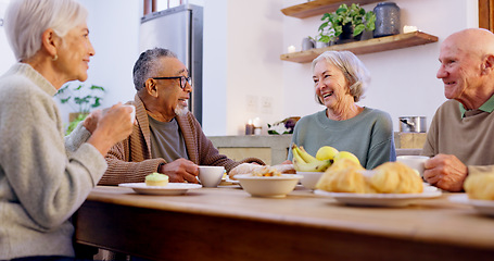 Image showing Conversation, tea party and a group of senior people in the living room of a community home for a social. Friends, smile or retirement with elderly men and women together in an apartment for a visit