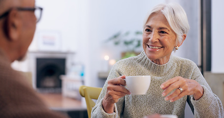 Image showing Smile, retirement and a senior couple drinking tea in the dining room of their home together in the morning. Love, relax or conversation with an elderly man and woman in their apartment for romance