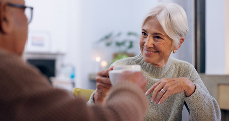 Image showing Cheers, retirement and a senior couple drinking tea in the dining room of their home together in the morning. Smile, toast or conversation with an elderly man and woman in their apartment for romance