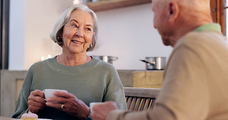 Image showing Love, retirement and an elderly couple drinking tea in the dining room of their home together in the morning. Smile, relax or coffee conversation with a senior man and woman in apartment for romance