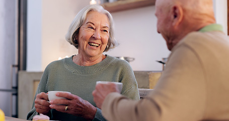 Image showing Funny, retirement and a senior couple drinking tea in the dining room of their home together in the morning. Smile, relax or laughing with an elderly man and woman in apartment for romance and coffee