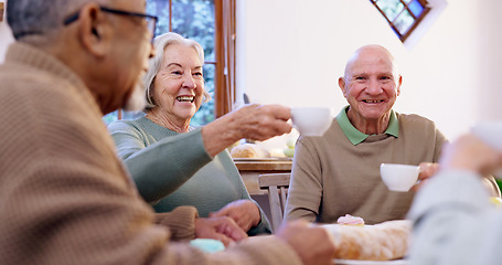 Image showing Toast, tea party and a group of elderly people in the living room of a community home for a social. Friends, smile or cheers with happy senior men and women together in an apartment for a visit