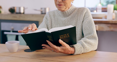 Image showing Hands, bible and senior woman with reading, studying religion and gospel in home for mindfulness. Elderly person, book and peace with knowledge, gratitude or connection to God, holy spirit or faith