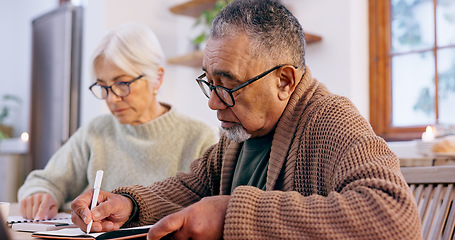 Image showing Couple, paperwork and signing for insurance in retirement, reading and bills or documents. Senior people, marriage and plan and investment in future, papers and finance in kitchen, budget or audit