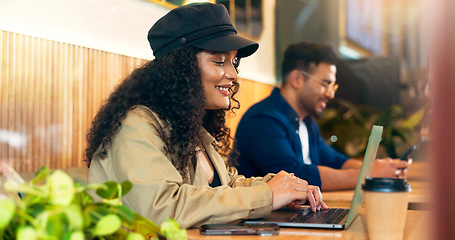 Image showing People coworking in coffee shop, typing on laptop and remote work, reading email and internet in restaurant. Computer, freelancer and copywriter in cafe, woman and happy man writing blog or article