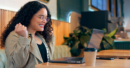 Image showing Woman, winner and laptop at cafe for celebration, success and achievement with remote work or freelancer opportunity. Young customer reading news on computer with restaurant or coffee shop discount