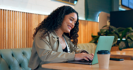 Image showing Coffee shop, thinking and woman with a laptop, typing and connection with ideas, copywriting and planning. Person, freelancer and entrepreneur with a pc, cafe or project with email and brainstorming