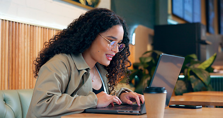 Image showing Cafe, thinking and woman with a laptop, typing and connection with inspiration, ideas and planning. Person, freelancer and entrepreneur with a pc, coffee shop or project with company website or email