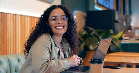 Image showing Woman, portrait and laptop in coffee shop for remote work, research or networking for business with smile. Face, person and happiness with technology in cafe for copywriting, internet and freelancer