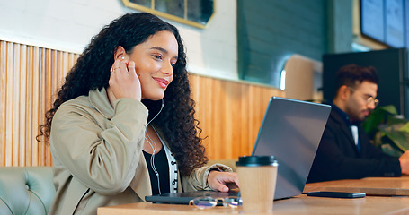 Image showing Woman, music and laptop in coffee shop for remote work, research or networking for business with smile. Face, person and happiness with technology in cafe for copywriting, internet and freelancer