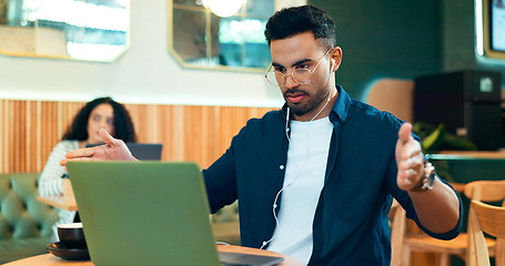 Image showing Man, laptop and video call in cafe for remote work, online meeting and planning or networking for job opportunity. Freelancer talking on computer for virtual discussion at a restaurant or coffee shop