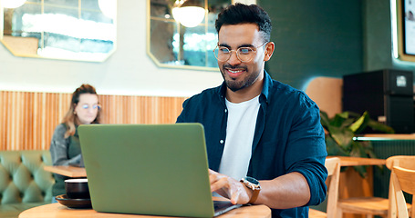 Image showing Coffee shop, internet and man with a laptop, typing and connection with website, startup and planning. Person, freelancer and entrepreneur with a pc, cafe or project with copywriting or digital app