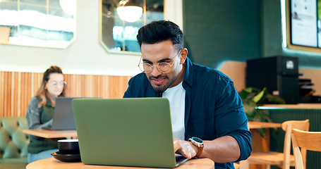 Image showing Cafe, thinking and man with laptop, typing and connection with inspiration, copywriting and planning. Person, freelancer and entrepreneur with pc, coffee shop or project with company website or email