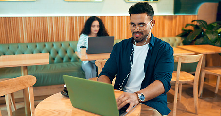 Image showing Cafe, internet or man with a laptop, copywriting and connection with inspiration, email or planning. Person, freelancer or entrepreneur with a pc, coffee shop or project with company website or app