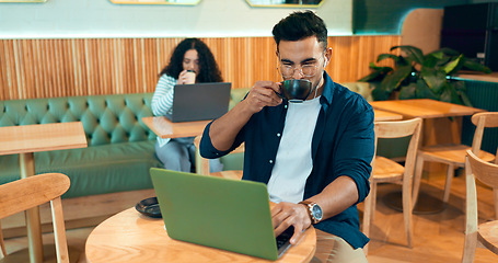 Image showing Man, coffee shop drink and laptop for online research, remote work and typing on website, blog or social media. Freelancer, writer or customer listening to music on computer in cafe or restaurant