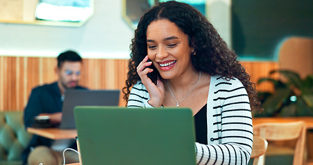 Image showing Woman, phone call and laptop in cafe for remote work, communication or networking for business with smile. Face, person and smartphone or happy in coffee shop for copywriting, internet and freelancer