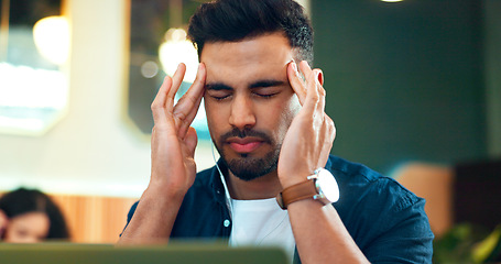 Image showing Man, headache and pain on laptop at cafe of online research, planning and remote work stress or mistake. Frustrated freelancer or writer with migraine, mental health risk and tired in a restaurant