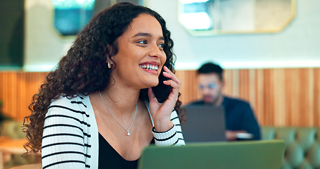 Image showing Woman, phone call and happy in cafe for remote work, communication or networking for business. Face, person and smile with smartphone in coffee shop for copywriting, conversation and freelancer