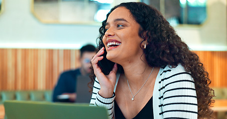 Image showing Woman thinking, phone call and cafe for remote work, communication and talking of marketing ideas. Happy freelancer with mobile, laptop for internet and conversation at a coffee shop or restaurant