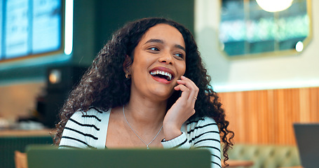 Image showing Woman, phone call and smile in cafe for remote work, communication or networking for business. Face, person and happiness with smartphone in coffee shop for copywriting, conversation and freelancer