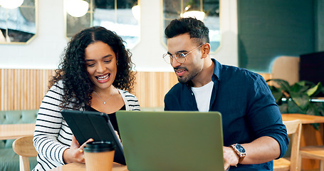 Image showing People, laptop and tablet at cafe for teamwork, planning and collaboration in remote work project or business startup. Happy woman, man or freelancer with client on digital technology at coffee shop