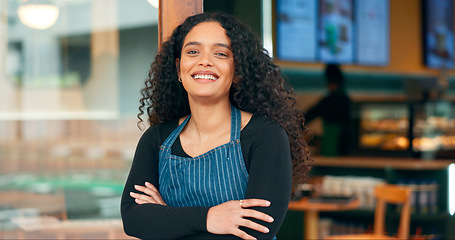Image showing Businesswoman, cafe and arms crossed with smile, manager and startup for store, coffee shop or restaurant. Portrait, entrepreneurship or waitress for retail, proud or confident at door, happy or open