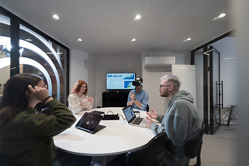 Image showing A diverse group of businessmen collaborates and tests a new virtual reality technology, wearing virtual glasses, showcasing innovation and creativity in their futuristic workspace