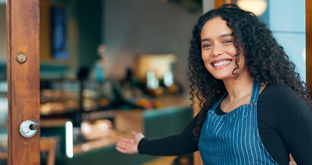Image showing Businesswoman, store and welcome with smile, waitress and startup for cafe, coffee shop and restaurant. Portrait, entrepreneurship and entrance for retail, proud and confident at door, happy and open