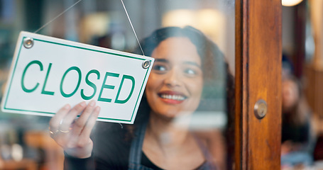 Image showing Happy woman, small business or closed sign on window in coffee shop or restaurant for end of service. Closing time, smile or manager with board, poster or message in retail store or cafe for notice
