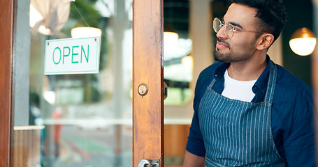 Image showing Manager, small business or open sign on front door in cafe or restaurant for service or advertising. Ready, start or waiter by a board, poster or welcome message in entrance of diner or coffee shop