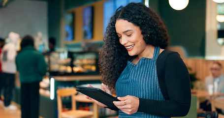 Image showing Cafe, woman and business owner on tablet for restaurant sales, online profit or e commerce inventory in store. Entrepreneur, waitress or barista on digital technology for coffee shop or startup