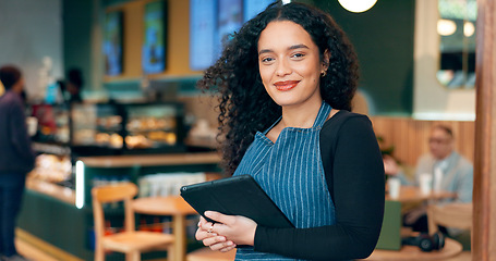 Image showing Cafe, woman and business owner on tablet for restaurant sales, online management or customer service at door. Portrait of entrepreneur, waitress or barista with digital technology for coffee shop