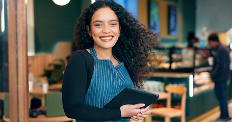 Image showing Coffee shop, woman and business owner on tablet for restaurant sales, online management or customer service at door. Portrait of entrepreneur, waitress or barista on digital technology at trendy cafe