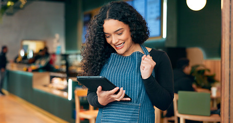 Image showing Cafe, waitress and woman success on tablet of restaurant sales, online profit or customer service reviews. Happy worker, business owner or barista in yes for digital news, target or coffee shop goals