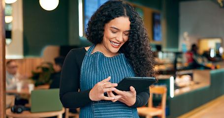 Image showing Coffee shop, happy waitress and tablet of restaurant sales, online management or reading customer service reviews. entrepreneur, woman or barista scroll on digital technology for cafe menu or website