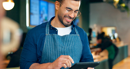 Image showing Cafe, happy man and barista on tablet of restaurant sales, online management or customer service reviews. Entrepreneur, waiter or small business owner reading digital technology for coffee shop data