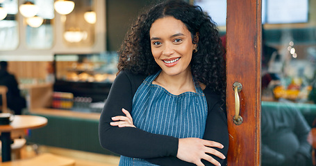 Image showing Small business, cafe and arms crossed with smile, waitress and startup for coffee shop, door and restaurant. Portrait, woman and entrance for retail, proud and confident at store, happiness and open