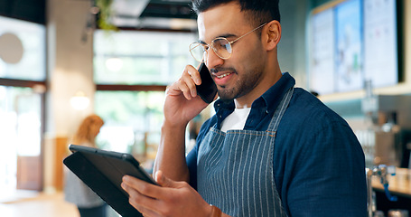 Image showing Barista, phone call and tablet for restaurant communication, online management or customer service in cafe. Small business owner, waiter or man on mobile and digital inventory for coffee shop startup