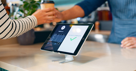 Image showing Hands, coffee and pos in cafe, check sign and fintech app for discount, deal or services with help in store. People, takeaway and screen for point of sale, banking and digital currency in cafeteria