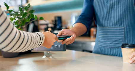 Image showing Credit card, machine or hands of customer in cafe with cashier for shopping, sale or checkout. Payment technology, bills or closeup of person paying for service, coffee or tea in restaurant or diner