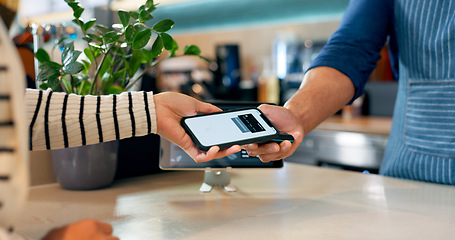 Image showing Hands, phone and pos in cafe, payment and fintech app for discount, deal or services with help in store. People, smartphone and machine for point of sale, banking and digital currency in coffee shop