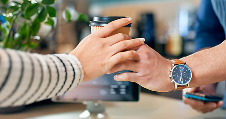 Image showing Hands, barista or customer order at coffee shop for service, drink or help in counter payment in cafe. Serving, closeup or person in small business restaurant giving a tea cup to client at checkout