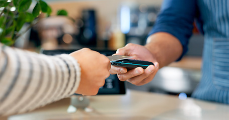 Image showing Credit card, fintech or hands of customer in cafe with cashier for shopping, sale or checkout. Payment machine, bills or closeup of person paying for service, coffee or tea in restaurant or diner