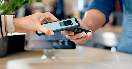 Image showing Cashier, customer and phone for POS machine for restaurant fintech, digital payment and easy checkout services. Barista or people hands at point of sale counter with mobile app tap or scan at cafe