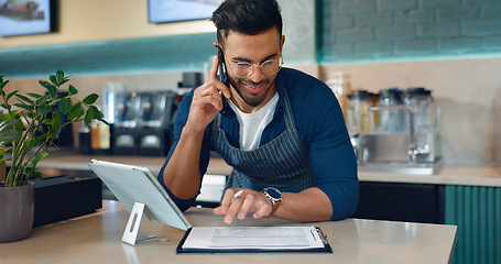 Image showing Barista, phone call or documents for restaurant, cafe logistics or coffee shop management. Supply chain checklist, manager or man in mobile communication for stock inventory in startup with paperwork