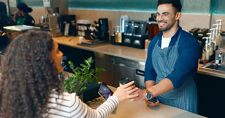 Image showing Coffee, payment or happy customer in cafe with barista for shopping, sale or service in checkout. Machine, bills or friendly cashier giving espresso, beverage or tea drink to a woman in restaurant