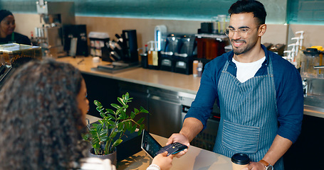 Image showing Cashier, customer and credit card for POS, coffee shop fintech or digital payment in cafe or business services. Barista or people at point of sale counter with machine, tap or scan for drink order