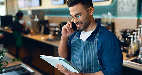 Image showing Phone call, restaurant or barista on tablet for small business logistics, social media update or sale. Manager, listen or Indian man reading on technology app for coffee shop order in cafe startup