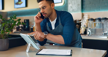 Image showing Business owner, phone call and tablet for restaurant, cafe order or catering logistics in startup. Supply chain checklist, manager or man in mobile communication for stock inventory in coffee shop