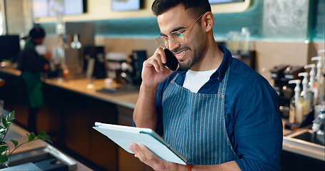 Image showing Phone call, restaurant or manager on tablet for small business logistics, social media update or sale. Barista, listen or happy man reading on technology app for coffee shop order in cafe startup